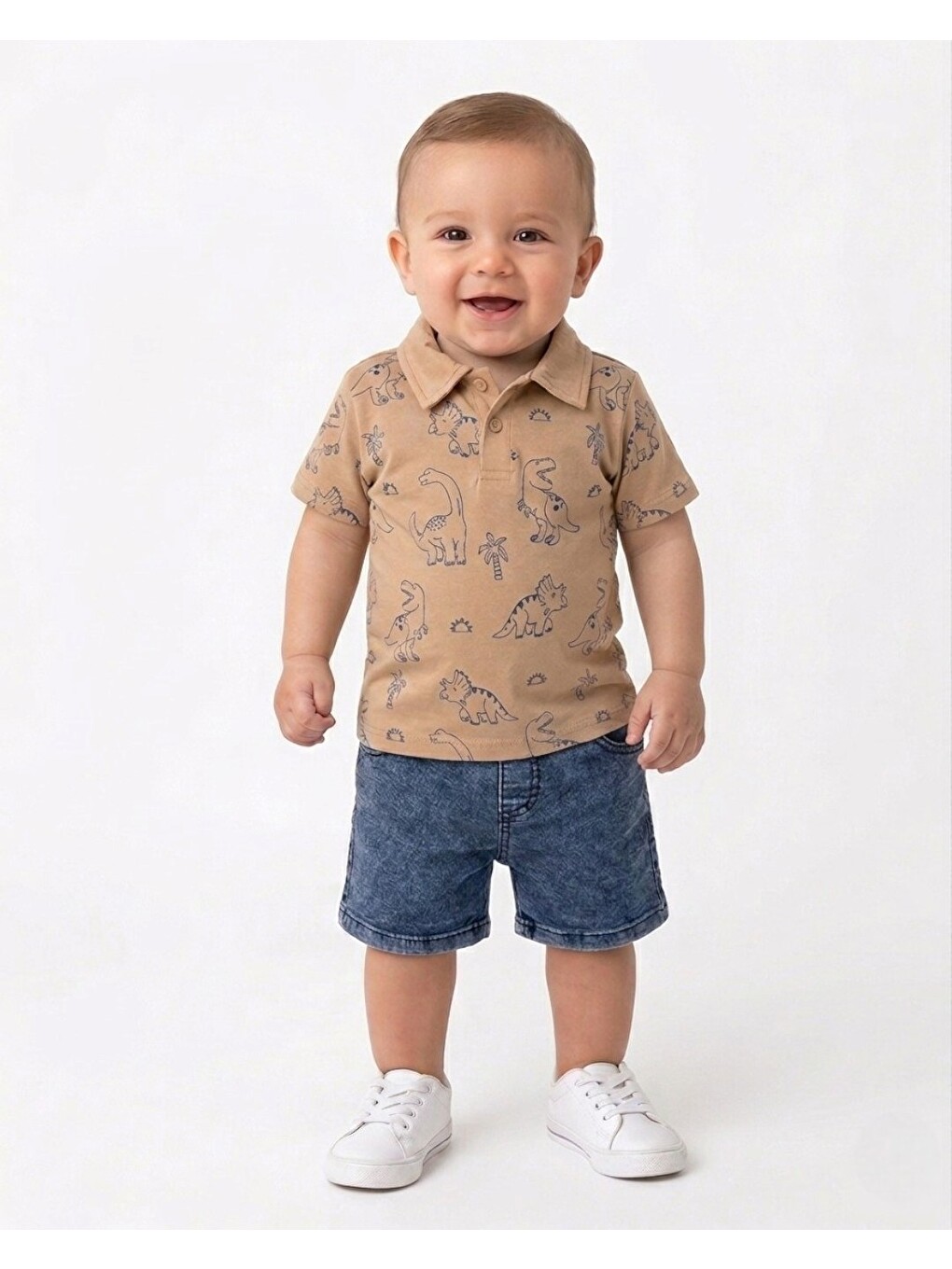 Bej Erkek Bebek Yazlık Dinozor Baskılı Polo Yaka T-shirtlü 6-9-12-18-24 Ay Jean Şort Bayramlık Takım-1