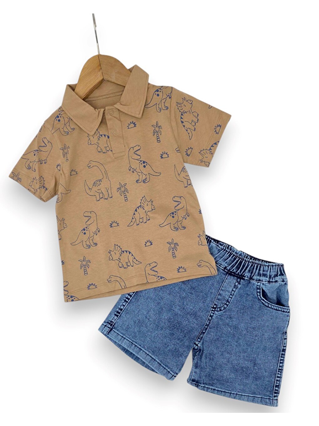 Bej Erkek Bebek Yazlık Dinozor Baskılı Polo Yaka T-shirtlü 6-9-12-18-24 Ay Jean Şort Bayramlık Takım-2