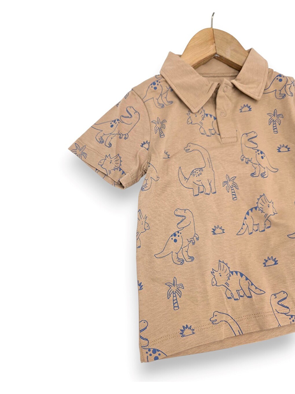 Bej Erkek Bebek Yazlık Dinozor Baskılı Polo Yaka T-shirtlü 6-9-12-18-24 Ay Jean Şort Bayramlık Takım-3
