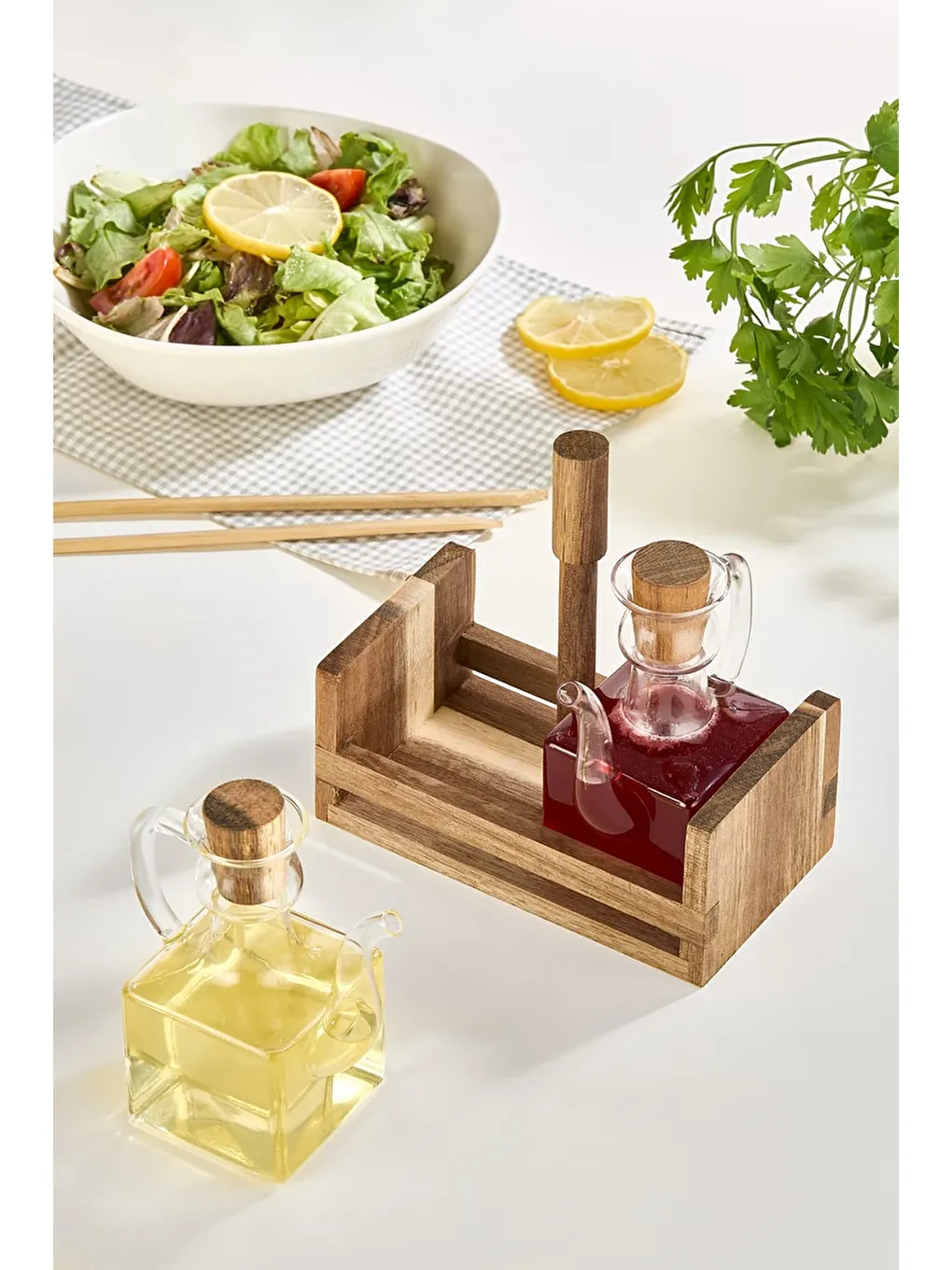 Renksiz Akasya Ahşap Standlı Cam 2'li Yağdanlık & Sirkelik Seti-2