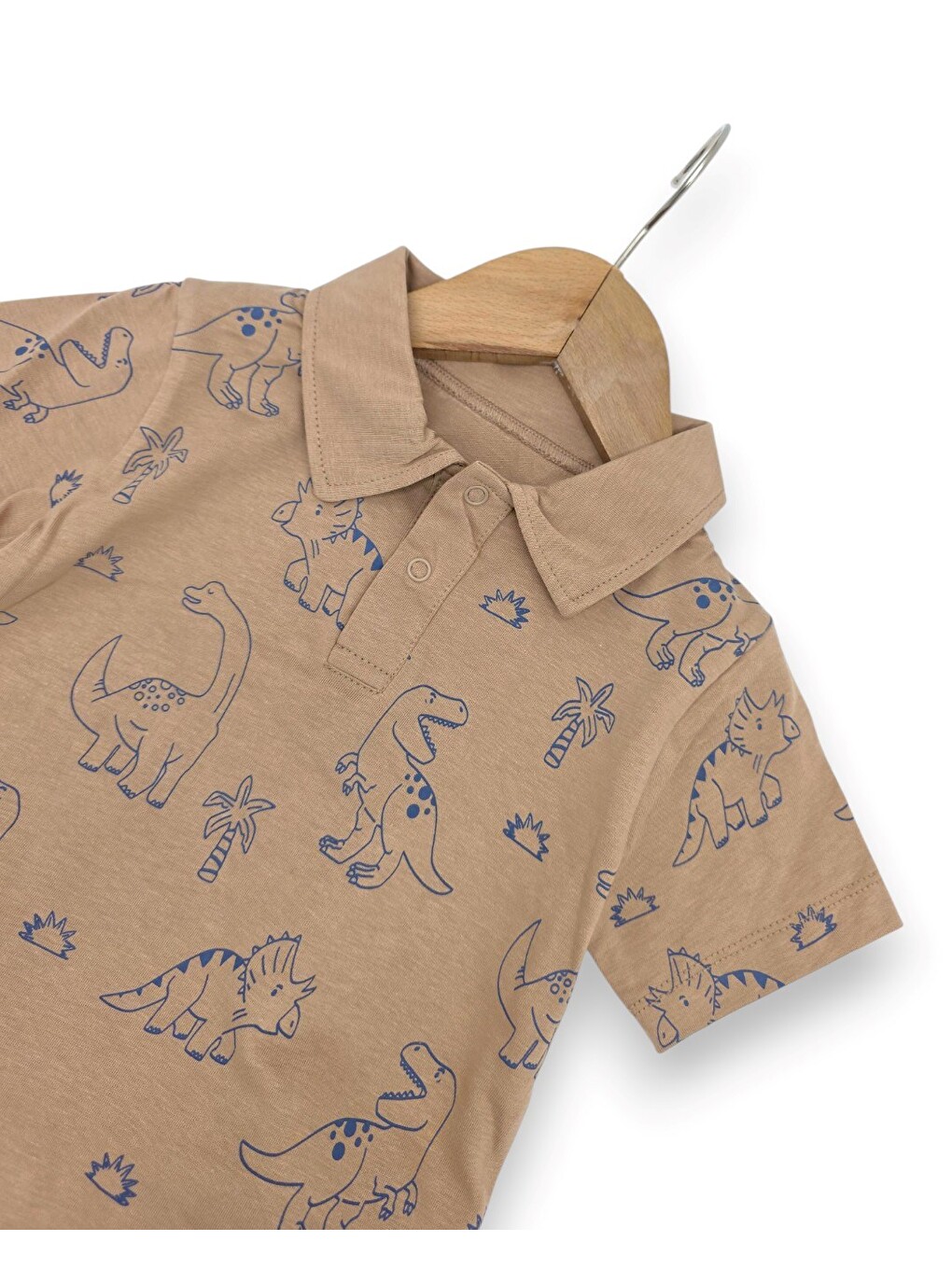 Bej Erkek Bebek Yazlık Dinozor Baskılı Polo Yaka T-shirtlü 6-9-12-18-24 Ay Jean Şort Bayramlık Takım-4