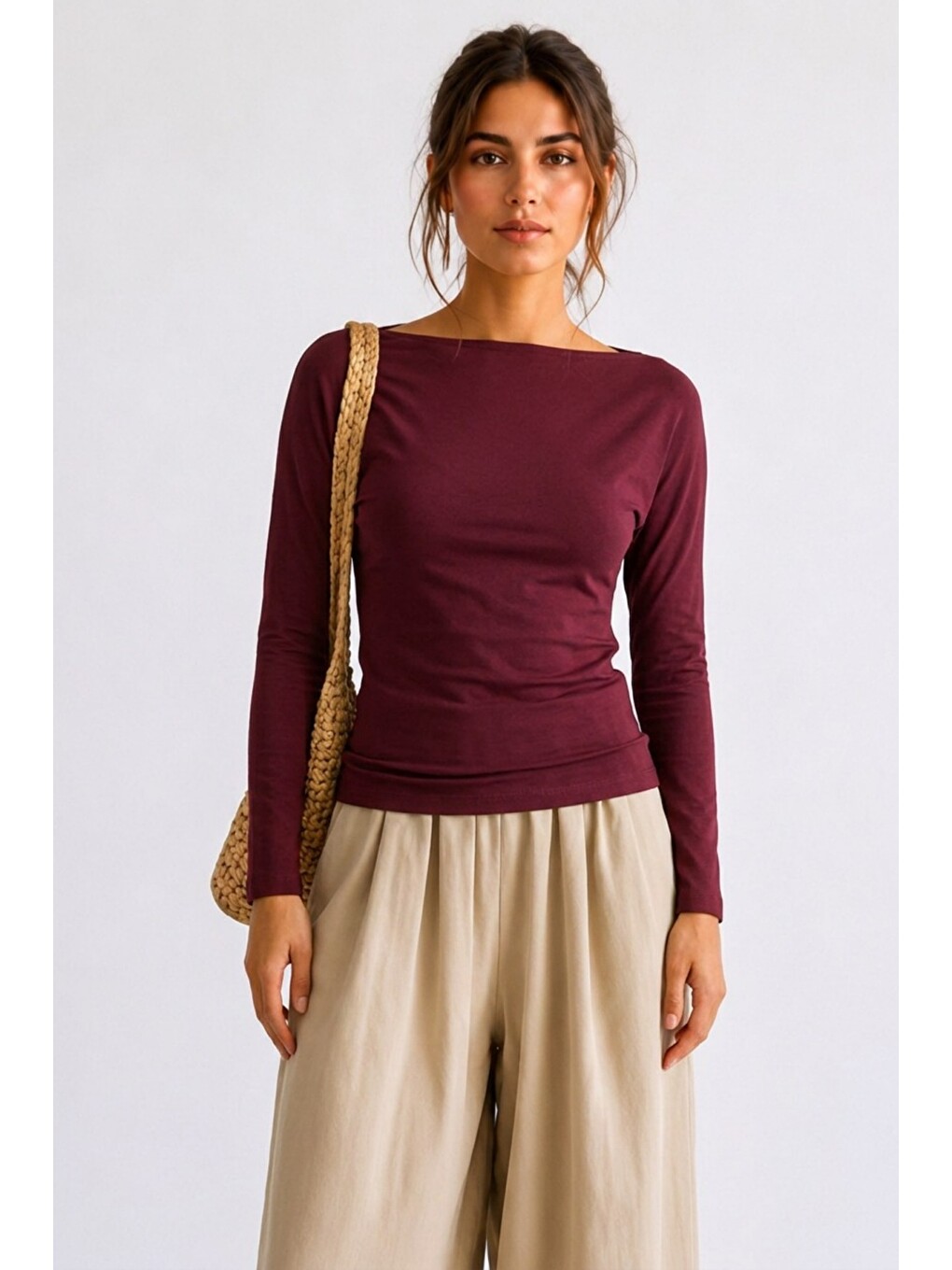 Kadın Crop Bodycone Uzun Kollu Bordo Bluz-1