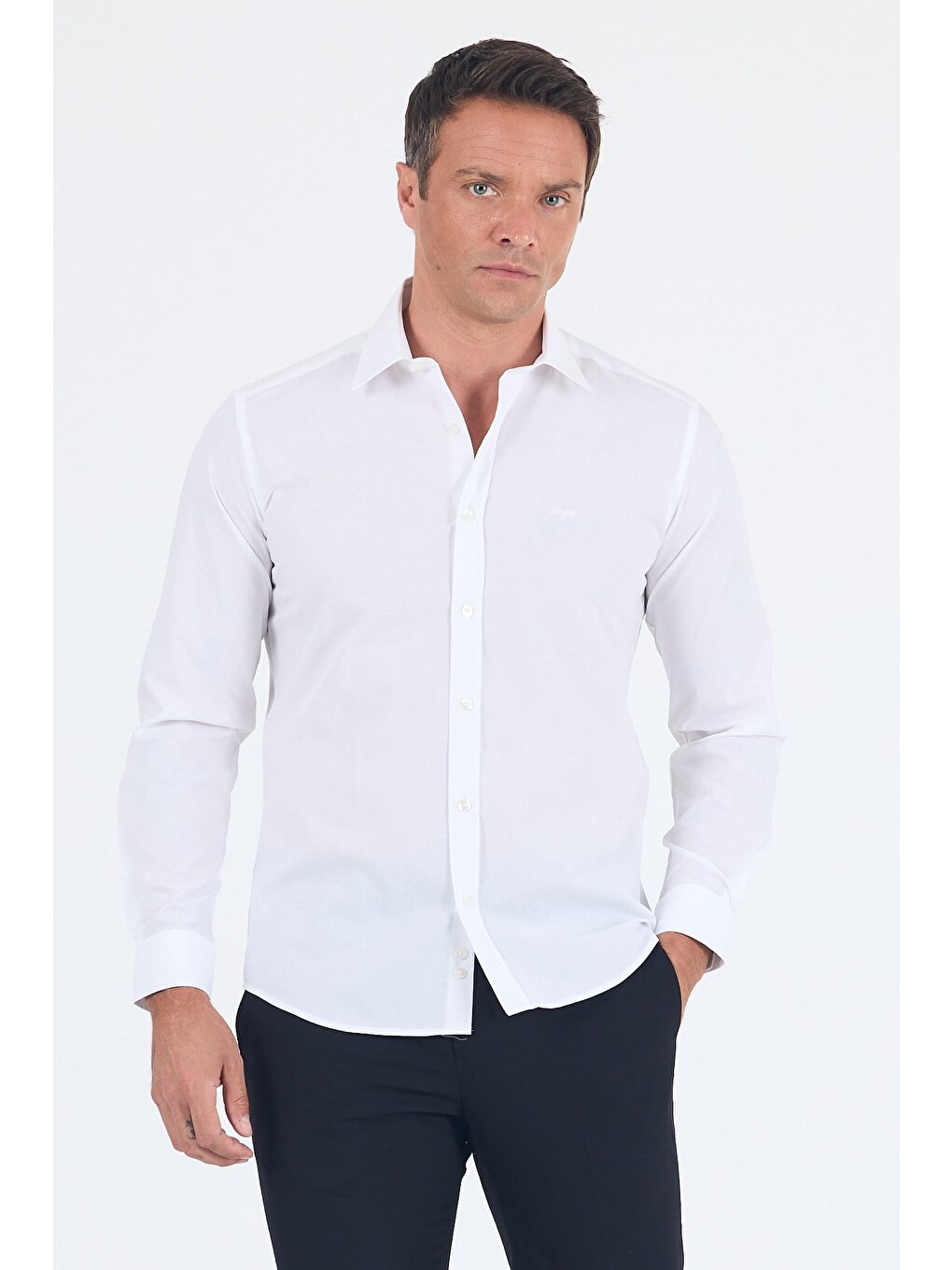 Beyaz Sert Yaka Uzun Kol Filafil Slim Fit Pamuklu Gömlek 1004260008-1