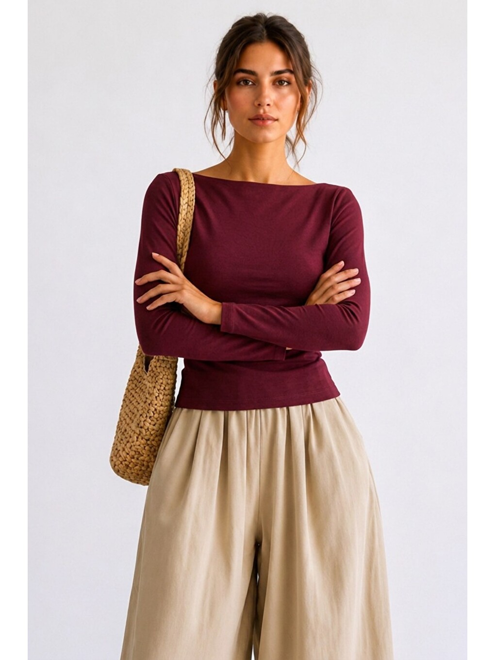 Kadın Crop Bodycone Uzun Kollu Bordo Bluz-2