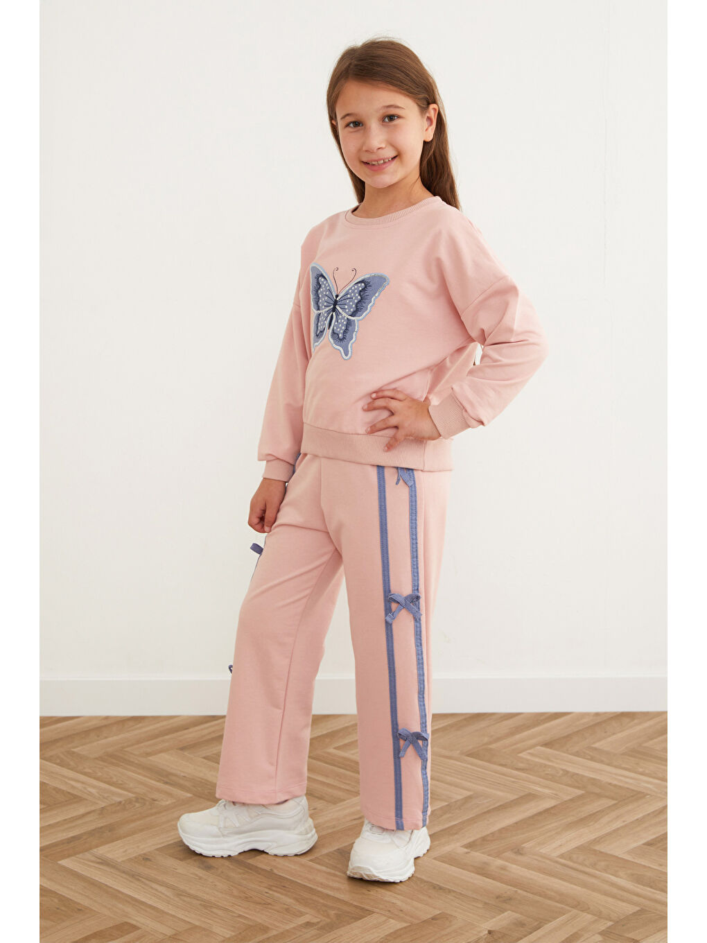 Pembe Kelebek Nakışlı Kurdeleli Kız Çocuk Takım-3