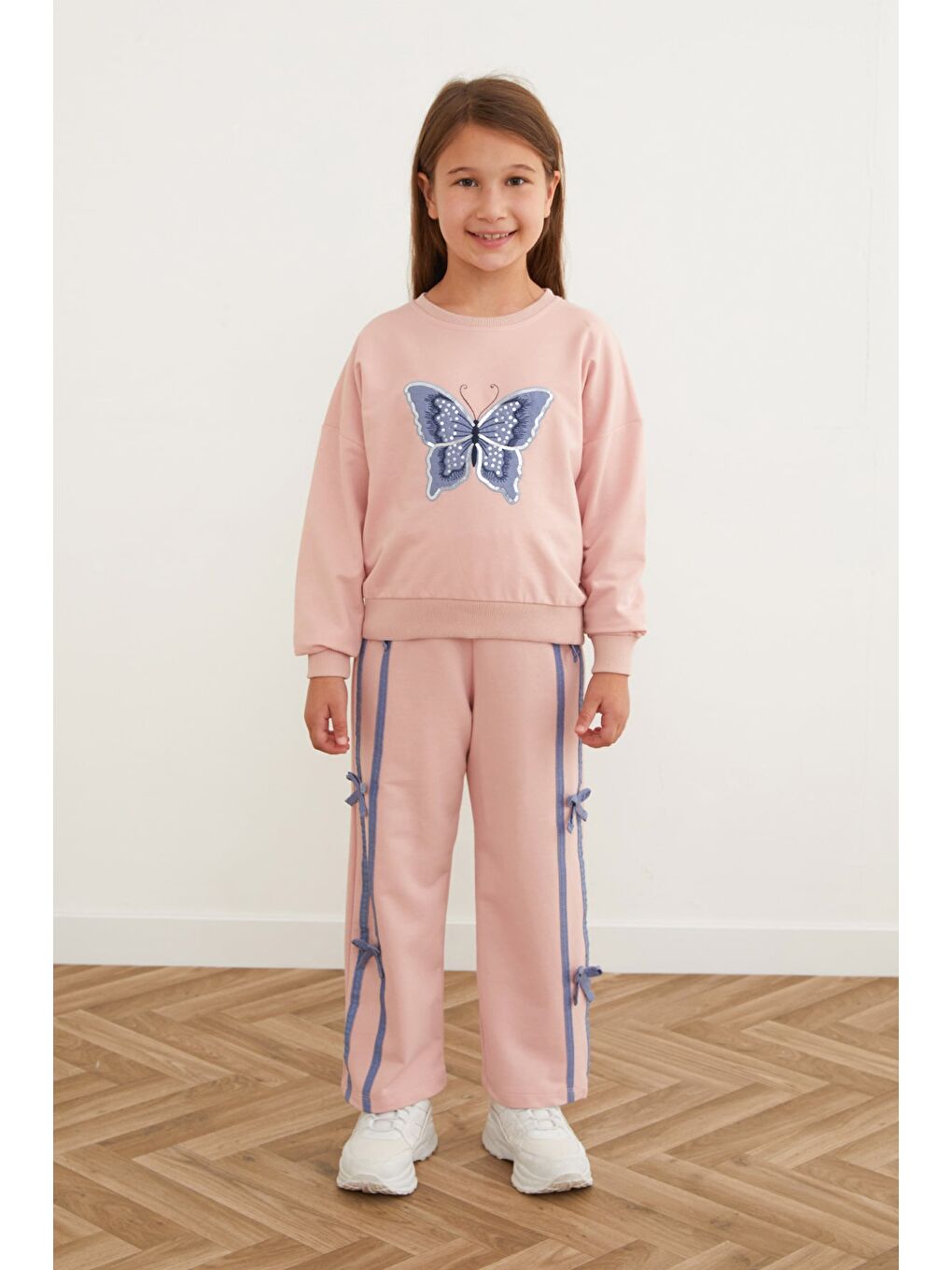 Pembe Kelebek Nakışlı Kurdeleli Kız Çocuk Takım-4