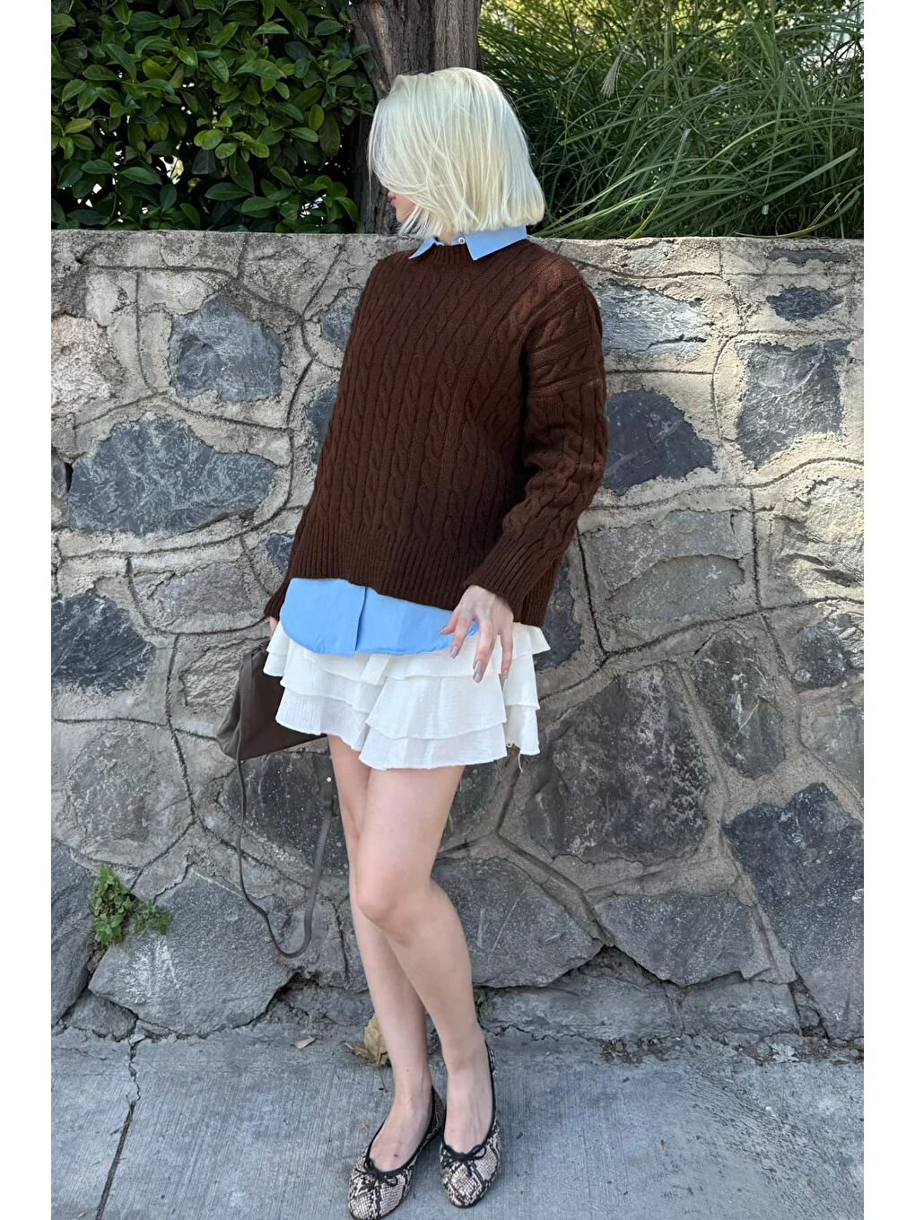 Kahverengi Bisiklet Yaka Örgü Desenli Kadın Triko Kazak Mg2520-1