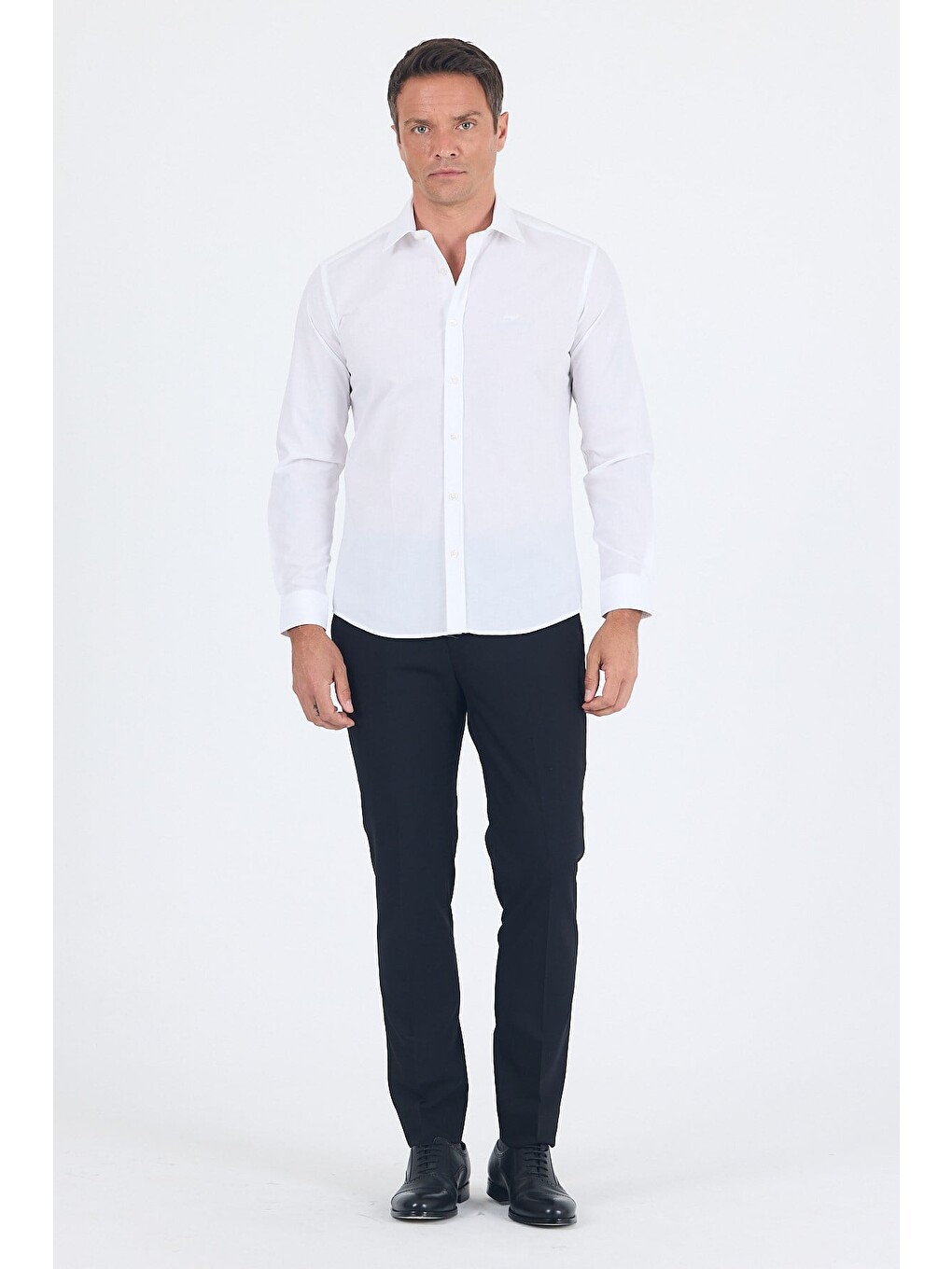 Beyaz Sert Yaka Uzun Kol Filafil Slim Fit Pamuklu Gömlek 1004260008-2