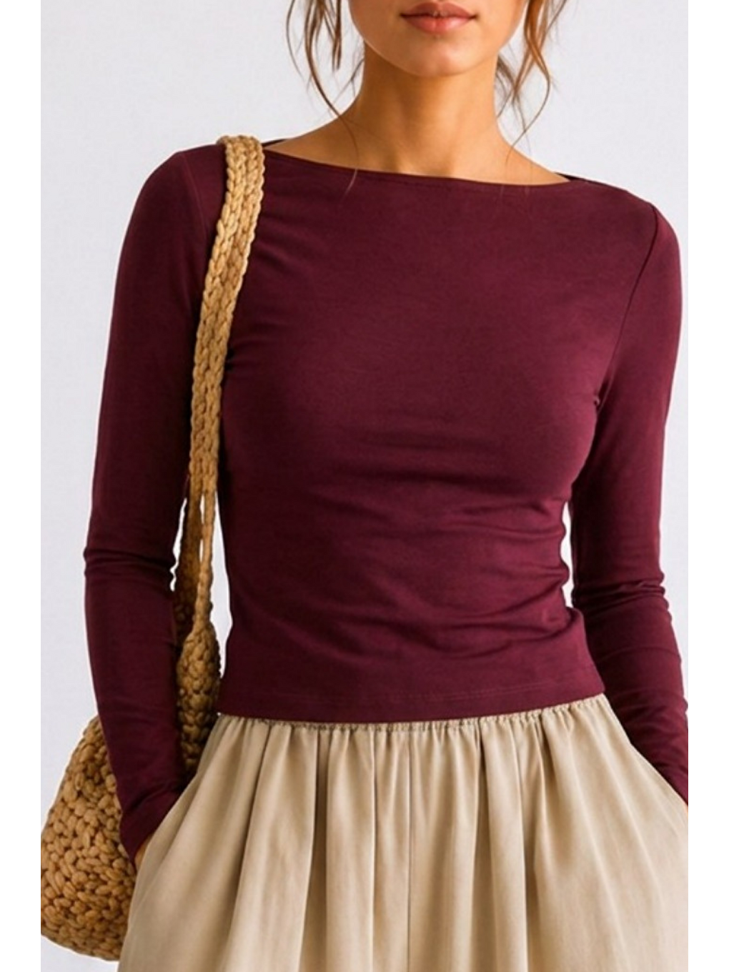 Kadın Crop Bodycone Uzun Kollu Bordo Bluz-4