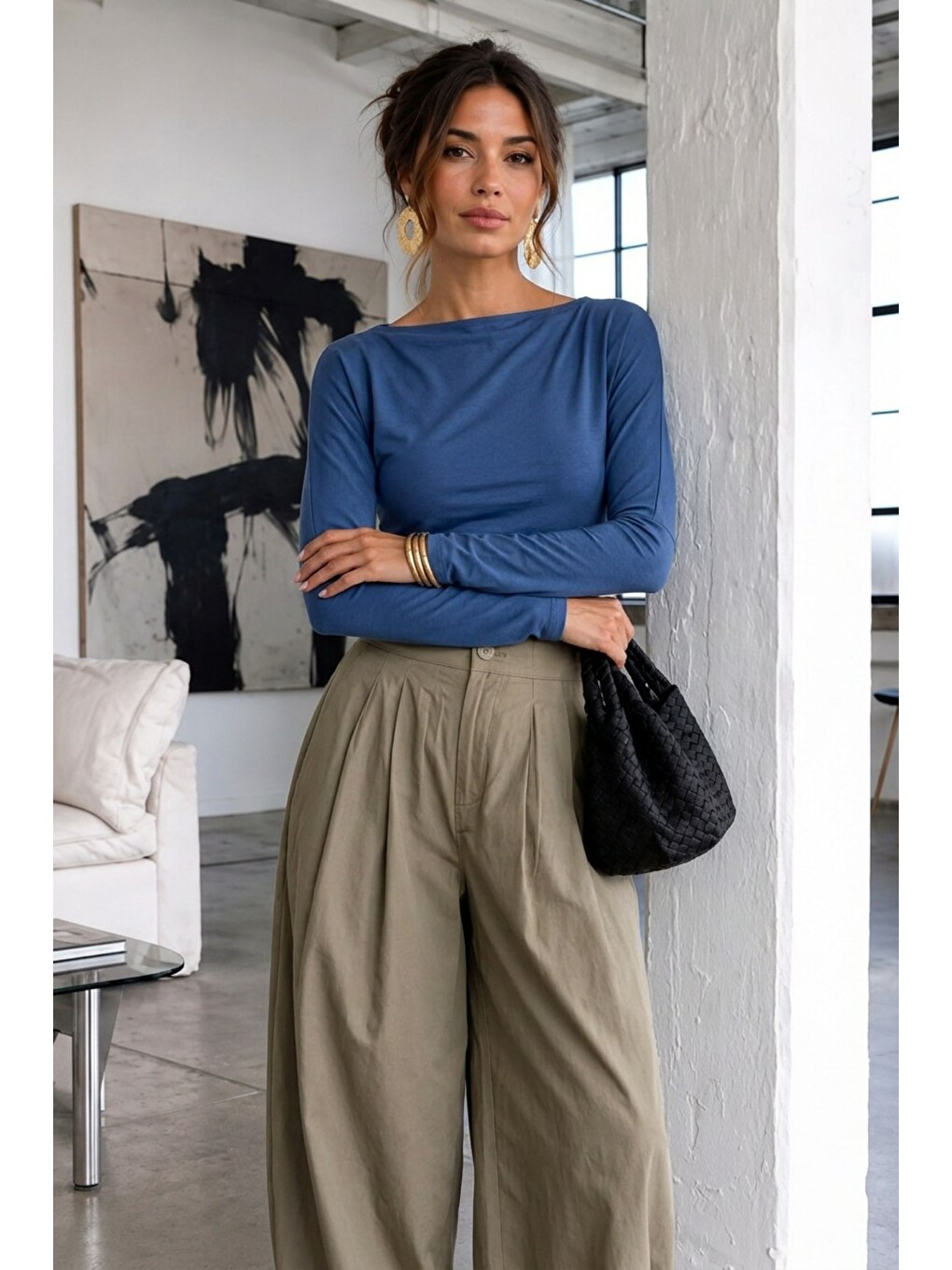 Kadın Gabardin Pamuklu Casual Mavi Bluz-1