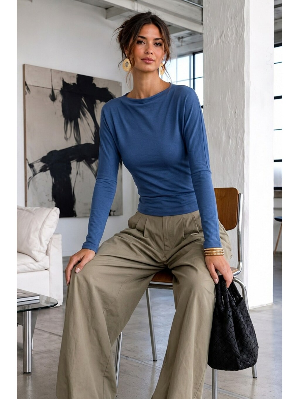 Kadın Gabardin Pamuklu Casual Mavi Bluz-2