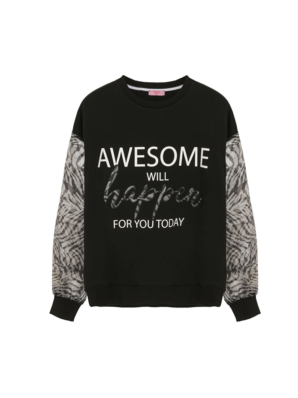 Kolu Zebralı Yazı Baskılı Sweatshirt Siyah