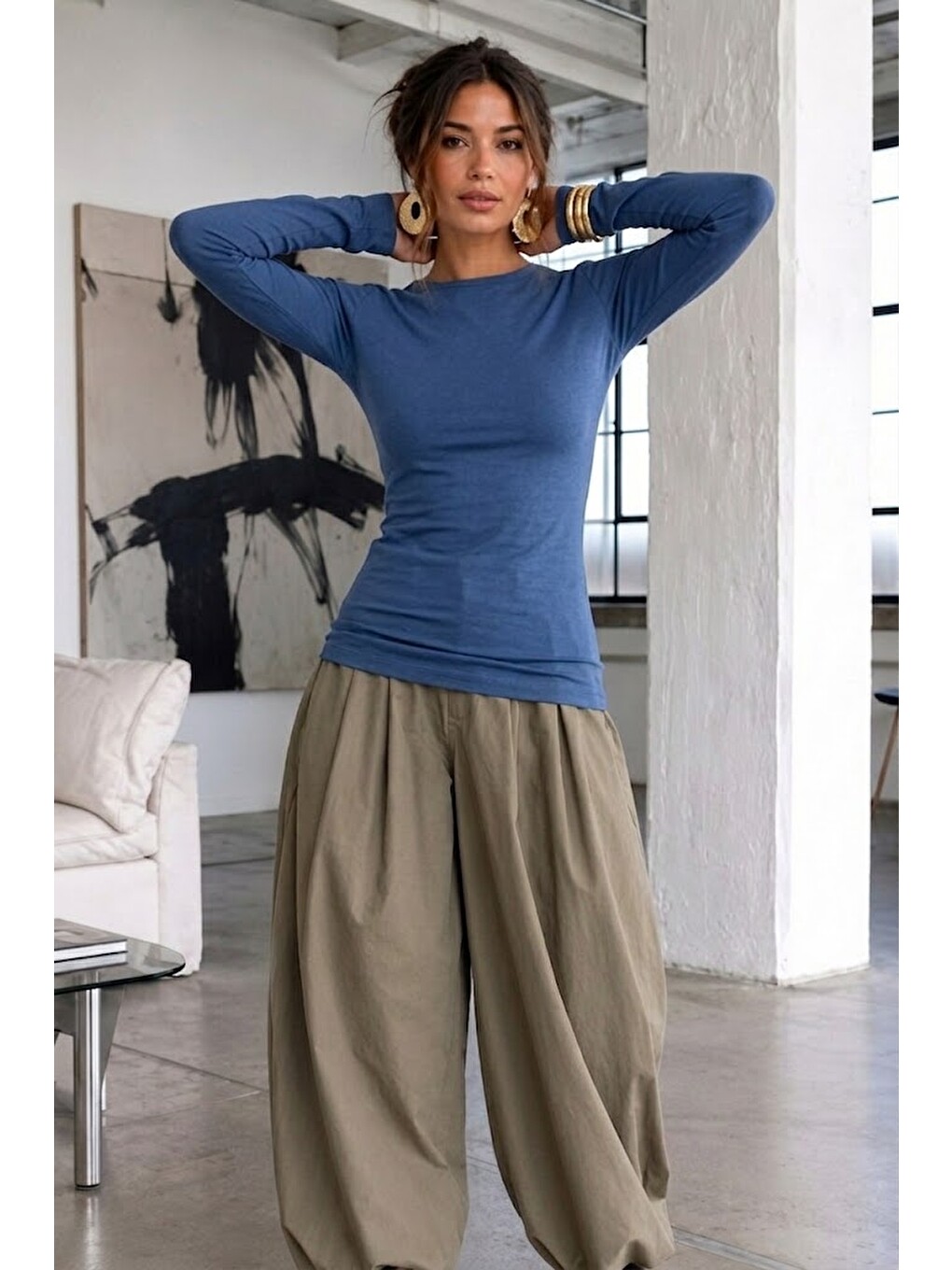Kadın Gabardin Pamuklu Casual Mavi Bluz-3