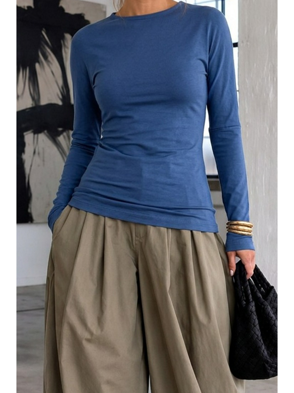Kadın Gabardin Pamuklu Casual Mavi Bluz-4