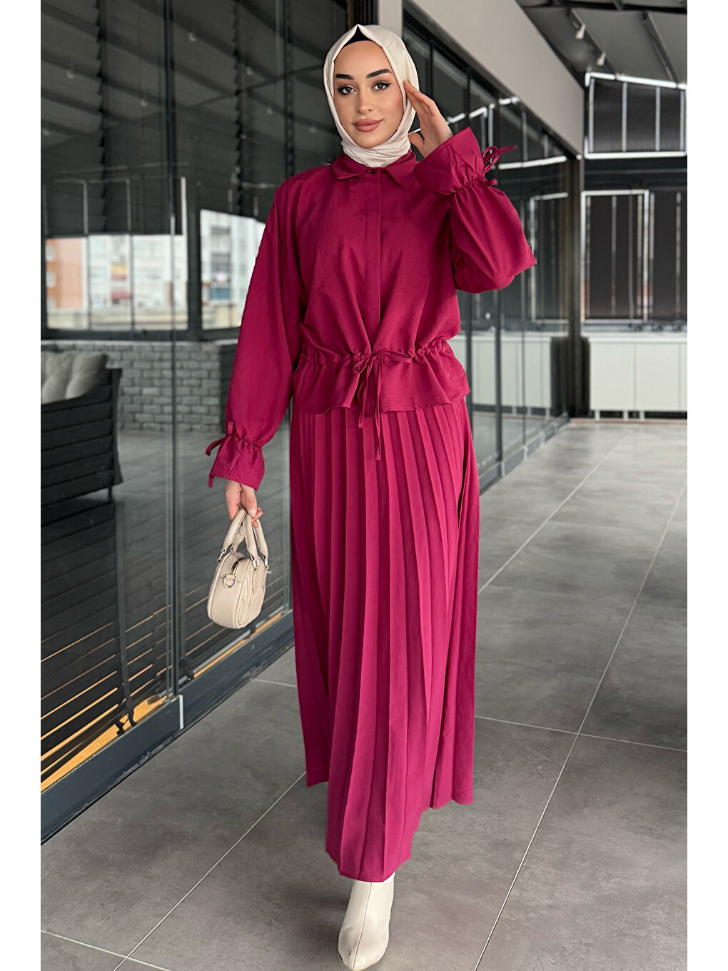 Bordo Kadın Pileli Etek Gömlek Tesettür İkili Takım-3