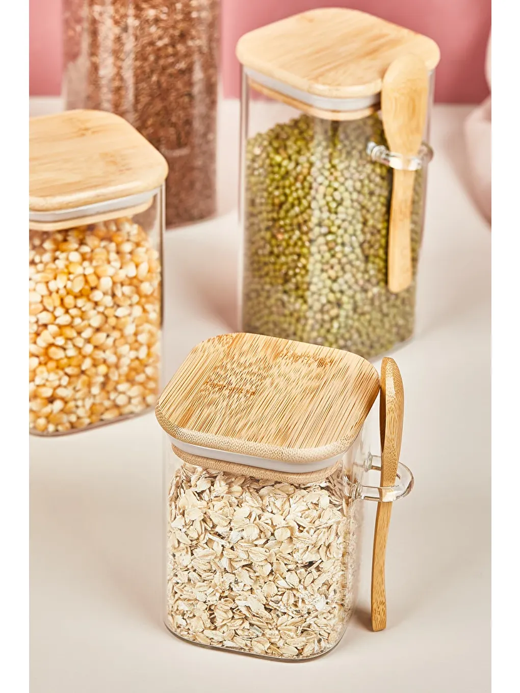 Renksiz 4' lü Kapaklı ve Kaşıklı Cam Kavanoz/Saklama Kabı Seti-1