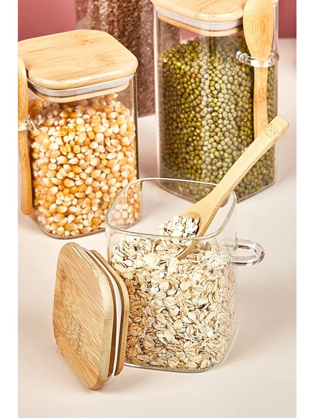 Renksiz 4' lü Kapaklı ve Kaşıklı Cam Kavanoz/Saklama Kabı Seti-2