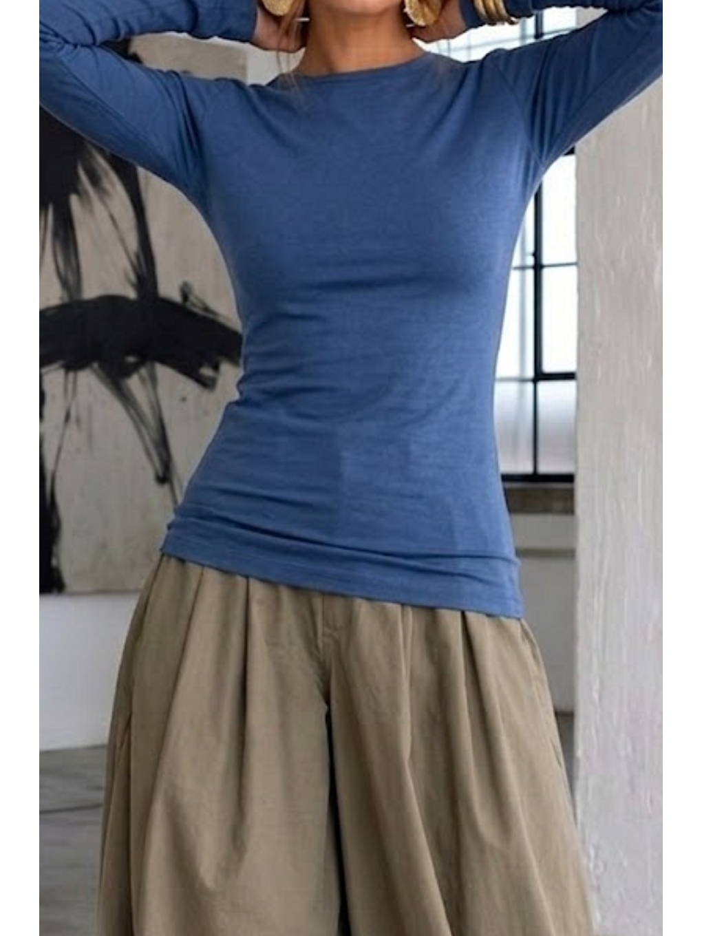 Kadın Gabardin Pamuklu Casual Mavi Bluz-5
