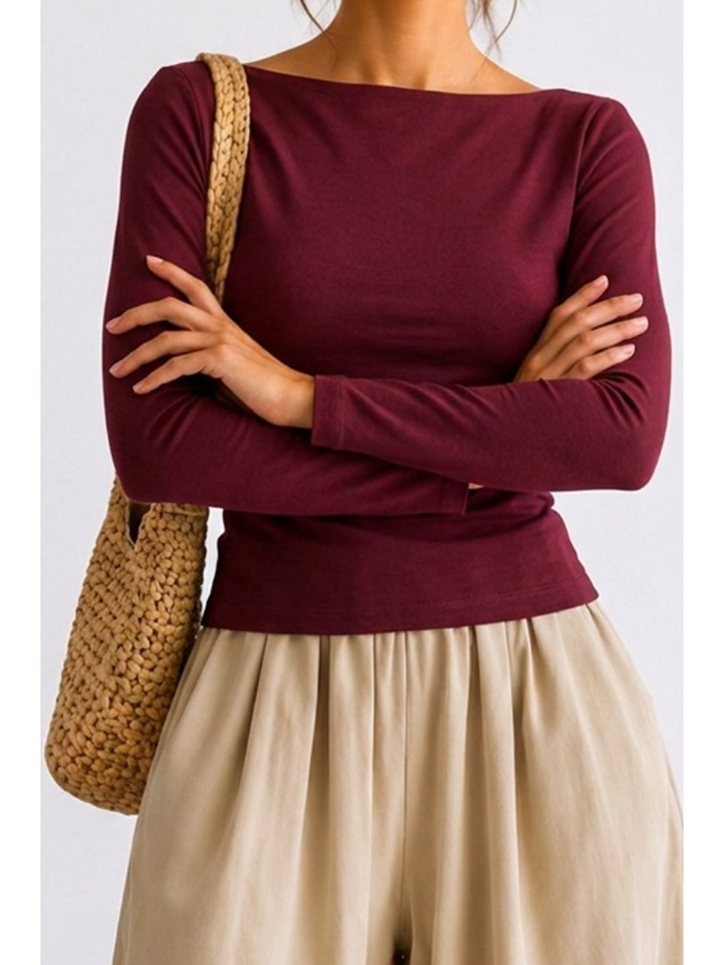 Kadın Crop Bodycone Uzun Kollu Bordo Bluz-5