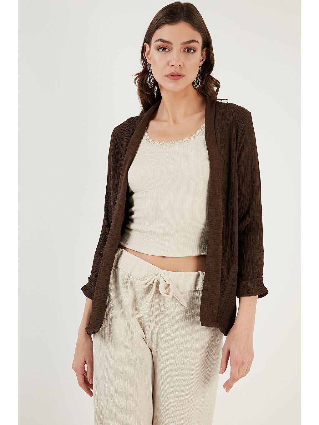 Kahverengi Yakası Ve Kolu Katlı Gofre Kimono Hırka 5869014-1