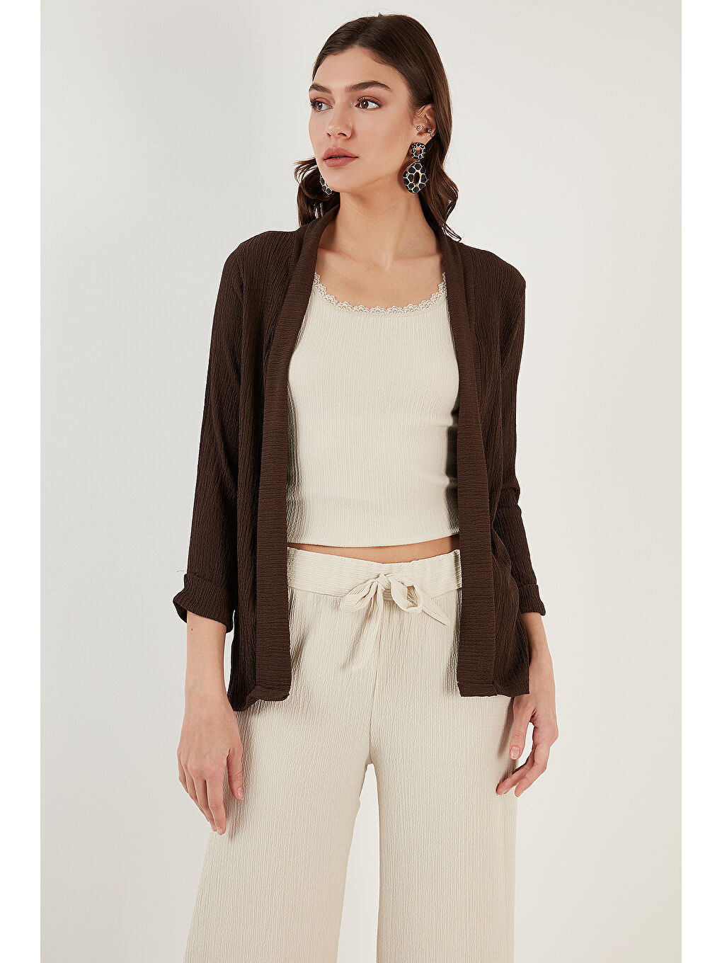 Kahverengi Yakası Ve Kolu Katlı Gofre Kimono Hırka 5869014-2