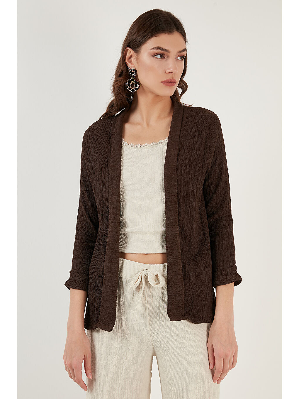 Kahverengi Yakası Ve Kolu Katlı Gofre Kimono Hırka 5869014-3