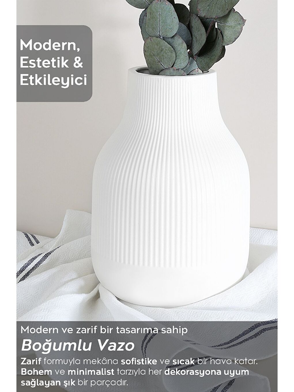 Beyaz Seramik Boğumlu Çizgili Vazo-2