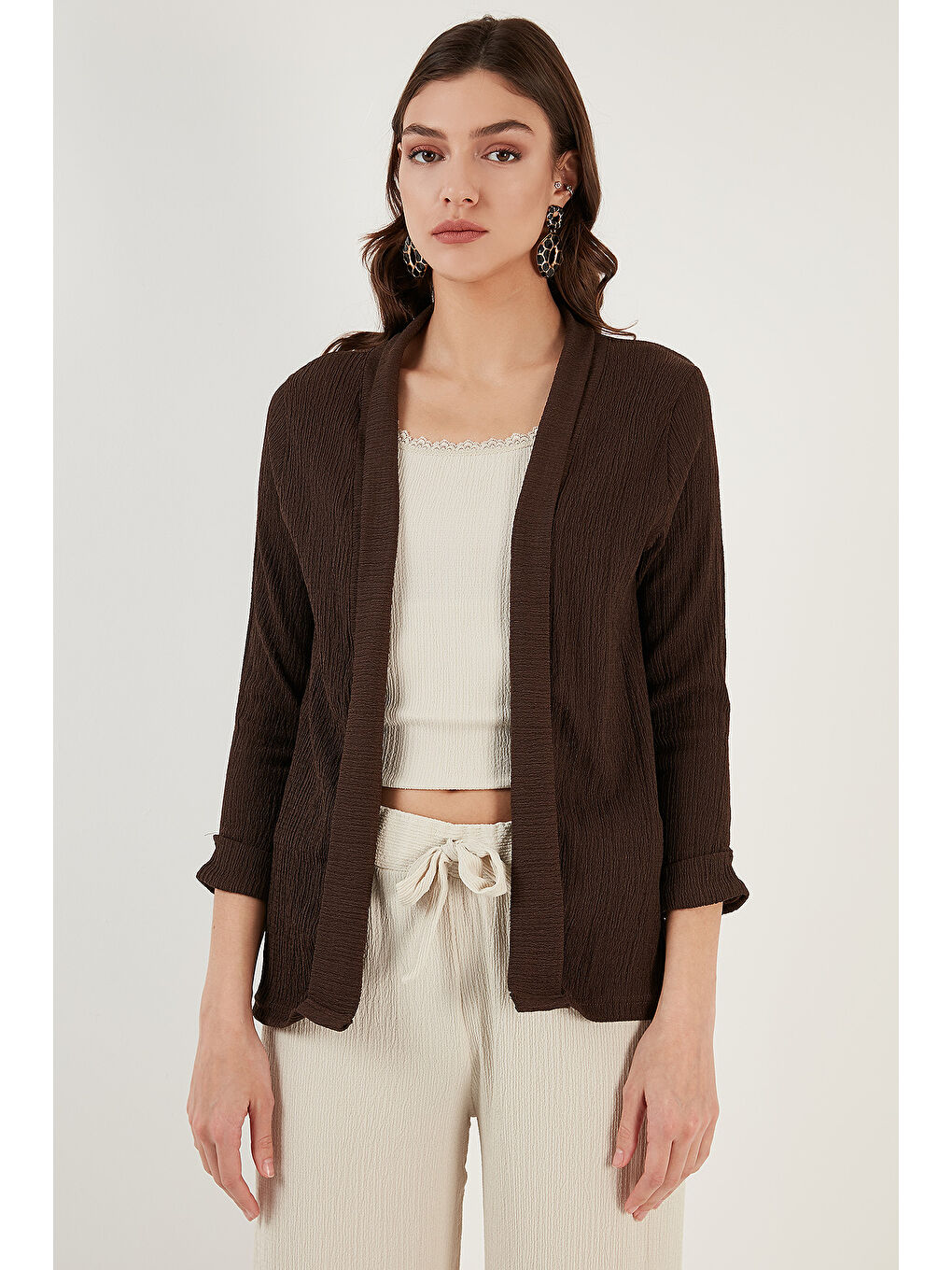 Kahverengi Yakası Ve Kolu Katlı Gofre Kimono Hırka 5869014-4