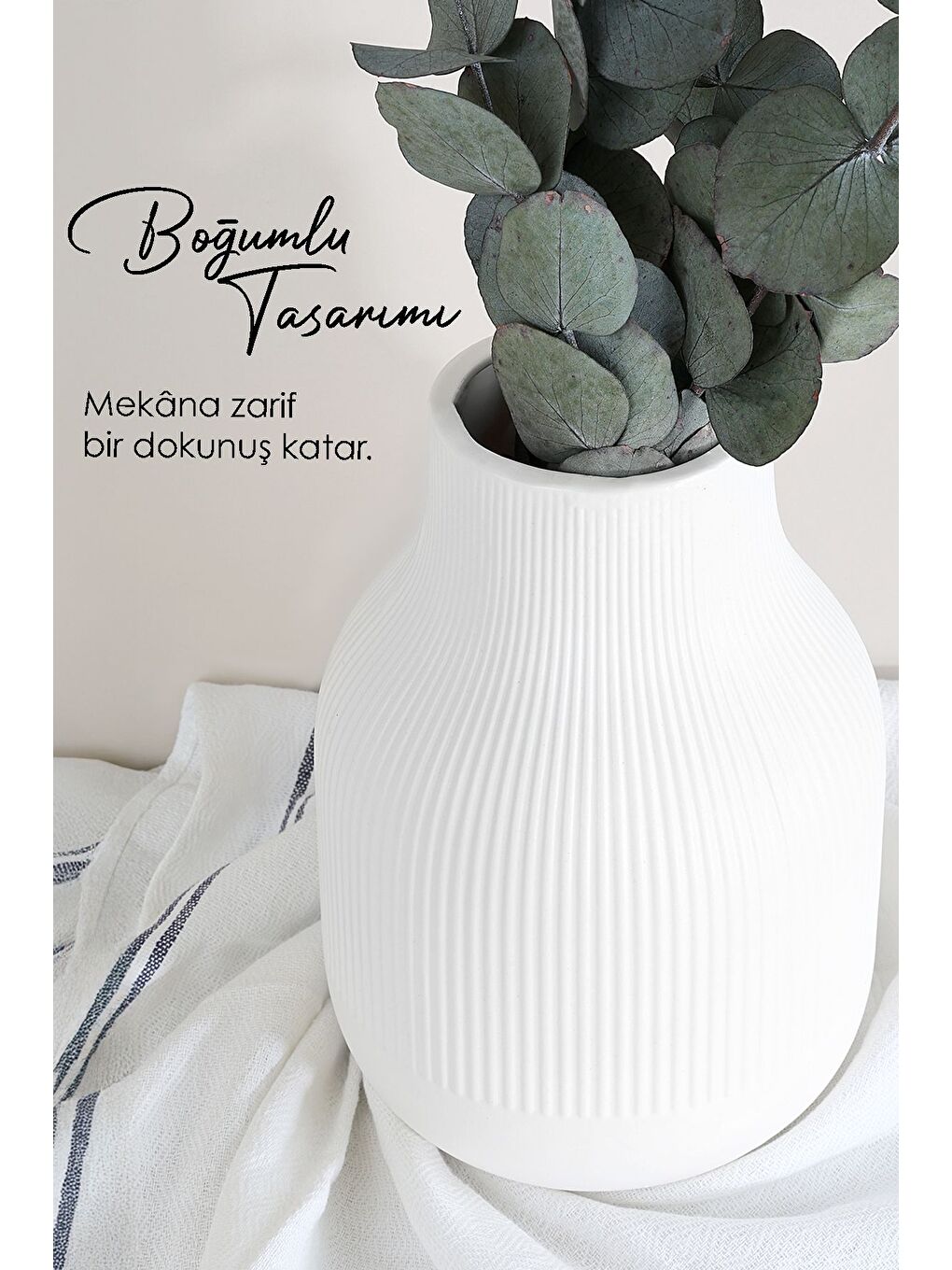 Beyaz Seramik Boğumlu Çizgili Vazo-4