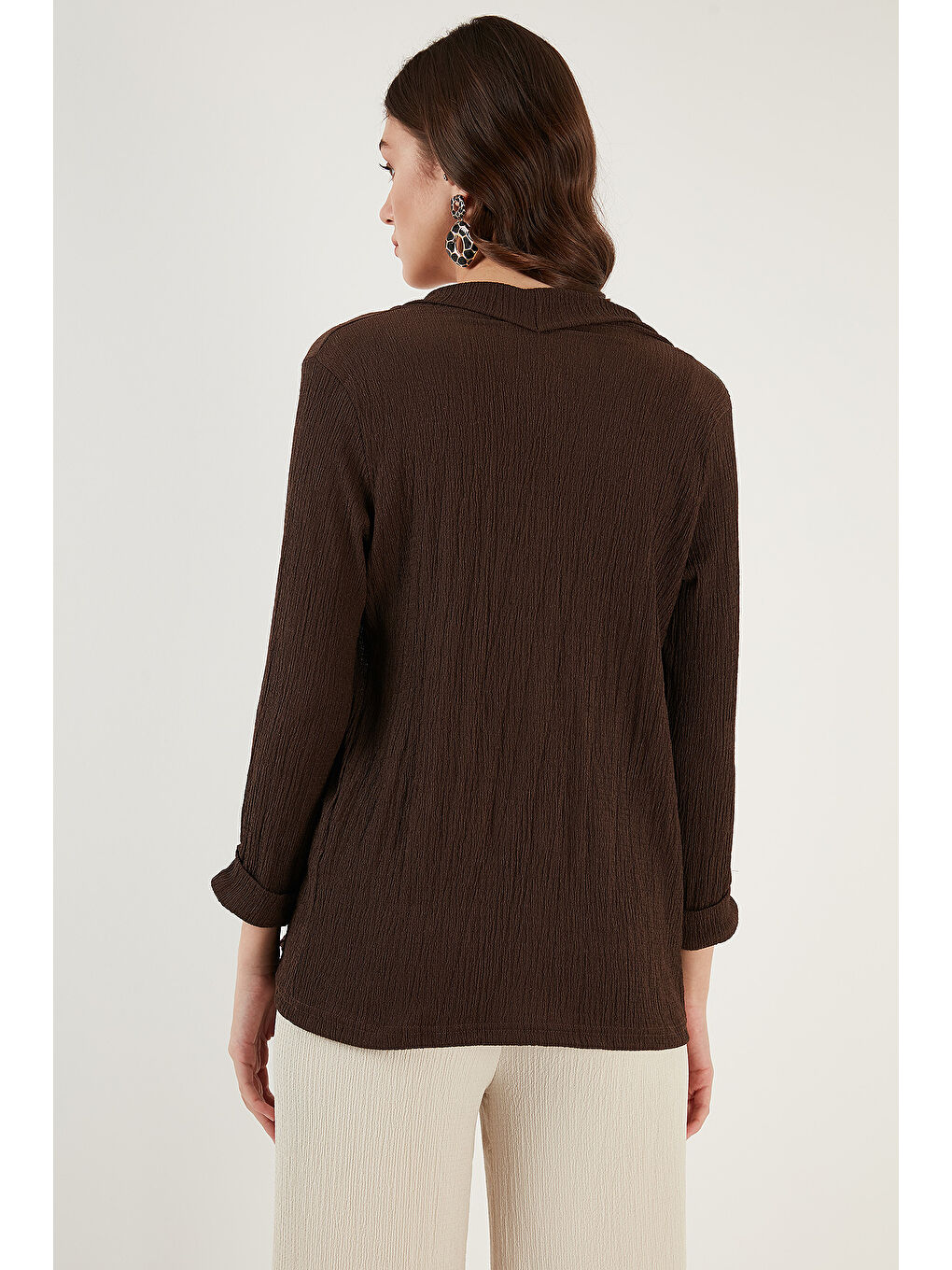 Kahverengi Yakası Ve Kolu Katlı Gofre Kimono Hırka 5869014-5