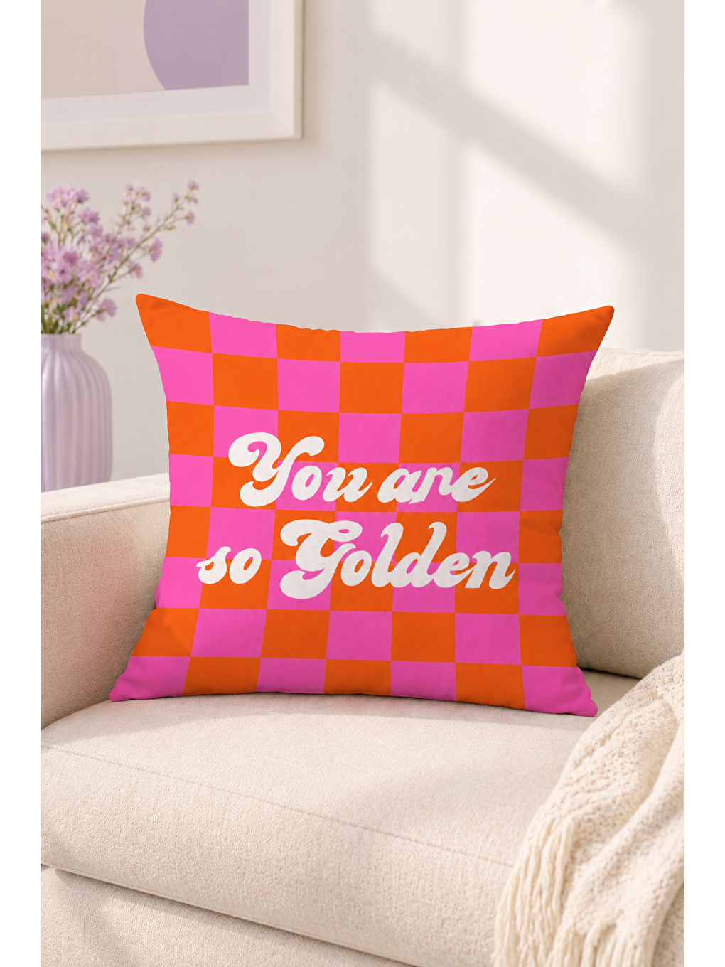 Fuşya You Are So Golden Dama Desenli Pop Art Dekoratif Kırlent Kılıfı Retro Dekor 43x43 Cm-7