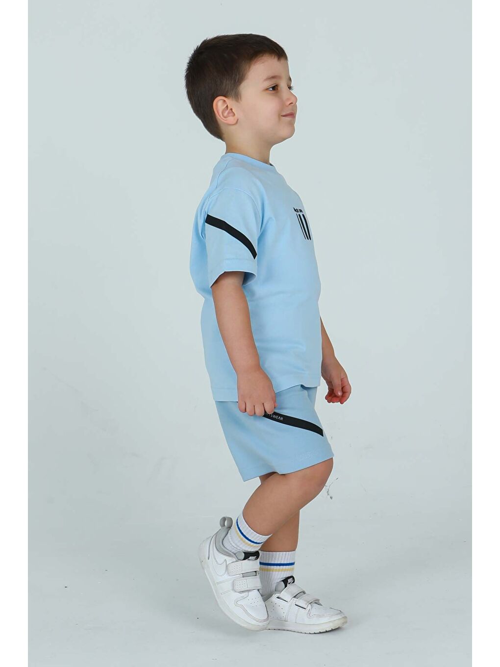 Mavi UNİSEX BİSİKLET YAKA ÇİZGİ BASKI DETAYLI TİŞÖRT AYARLANABİLİR BEL LASTİKLİ EŞOFMAN TAKIM-2