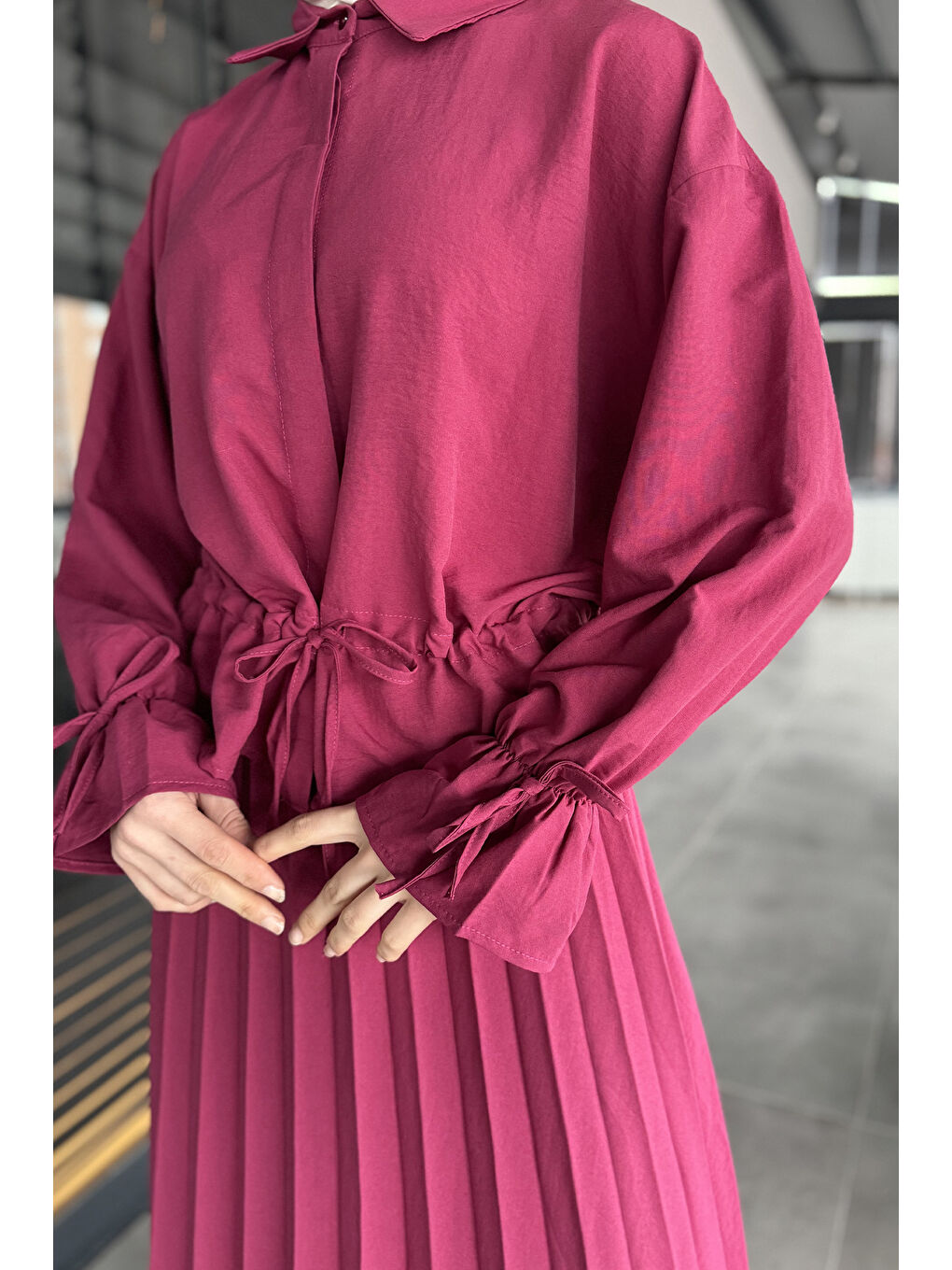 Bordo Kadın Pileli Etek Gömlek Tesettür İkili Takım-5