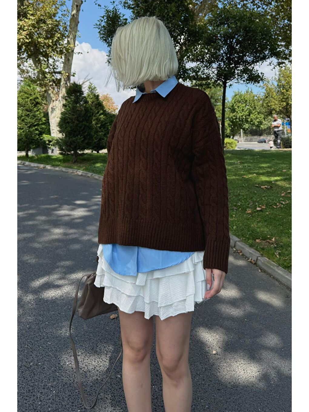 Kahverengi Bisiklet Yaka Örgü Desenli Kadın Triko Kazak Mg2520-4