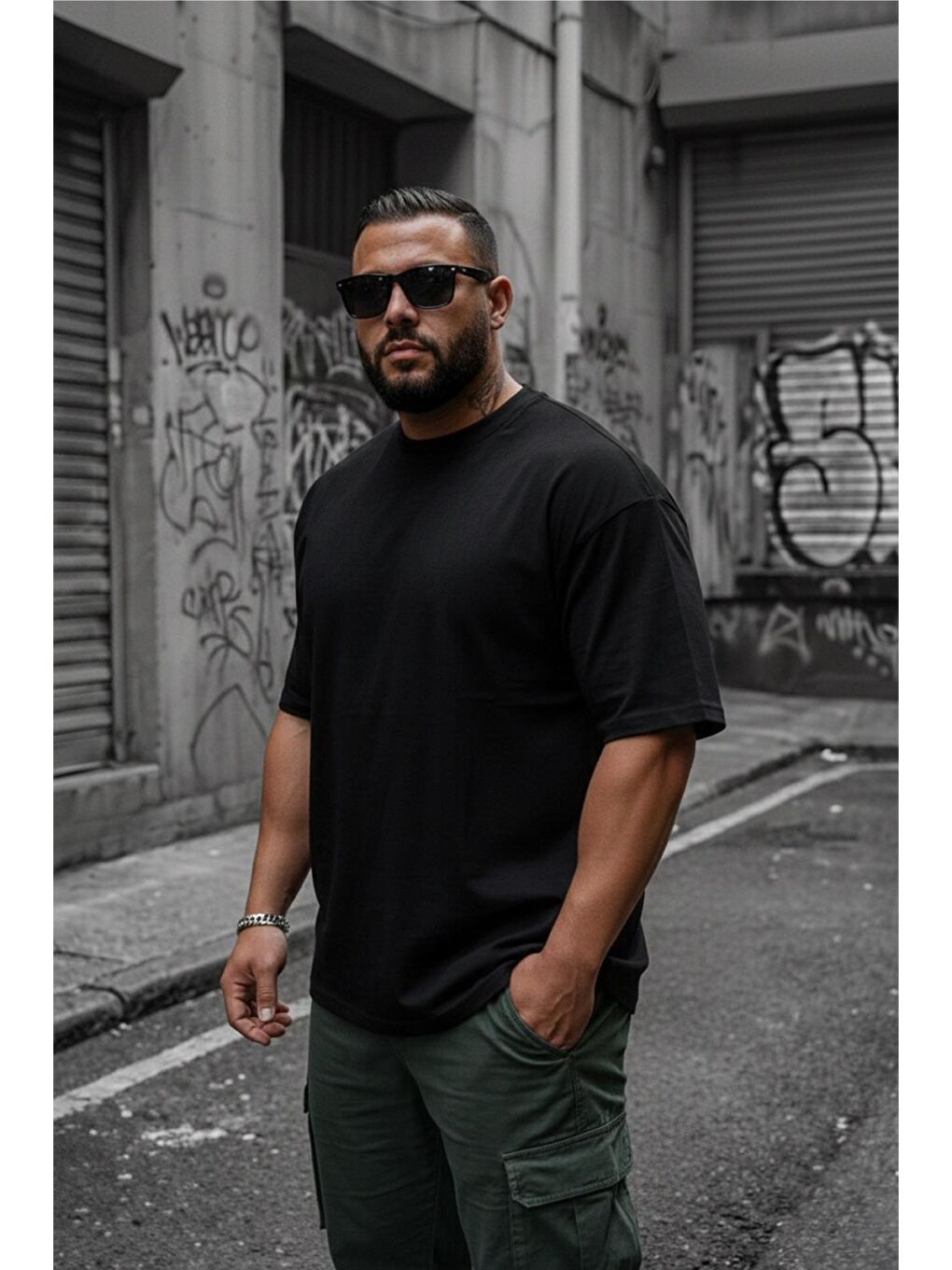 Siyah Kapty Erkek Büyük Beden Battal Basic Bisiklet Yaka Pamuklu T-Shirt Rahat Kesim Unisex Sevgili Kombin-1