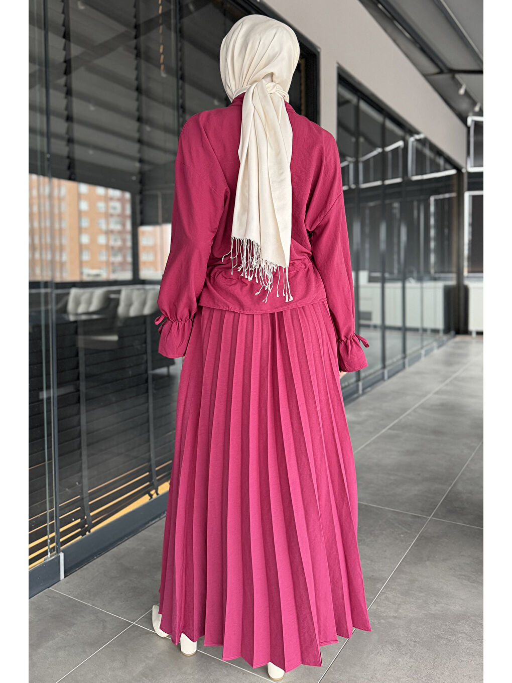 Bordo Kadın Pileli Etek Gömlek Tesettür İkili Takım-7