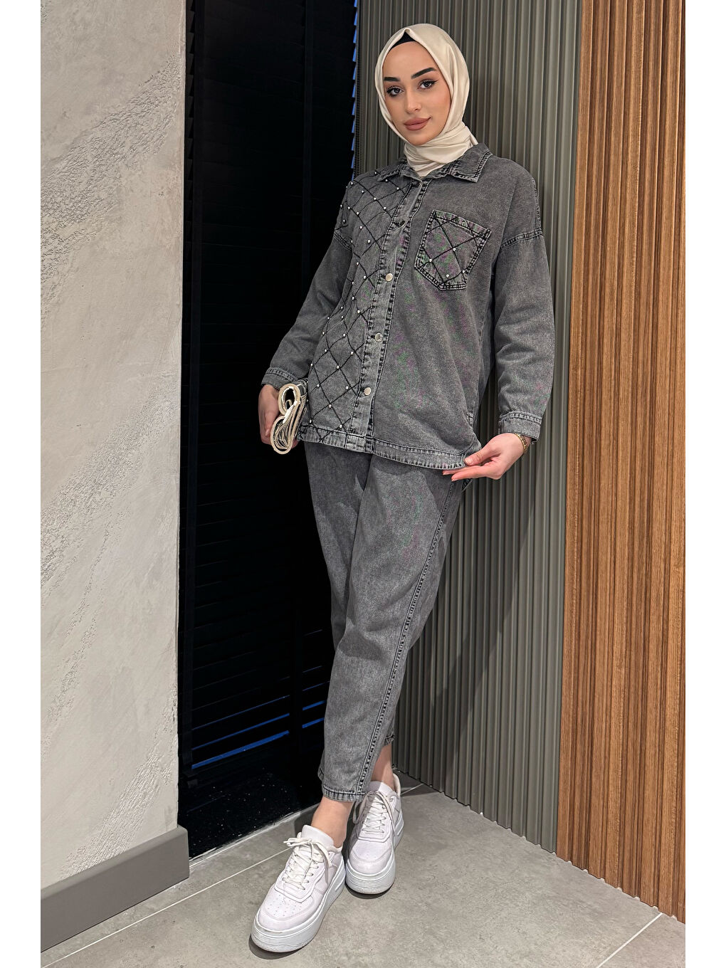Antrasit Kadın Tek Cepli Taş Detaylı Jean Jean Ceket Pantolon Tesettür İkili Takım-3