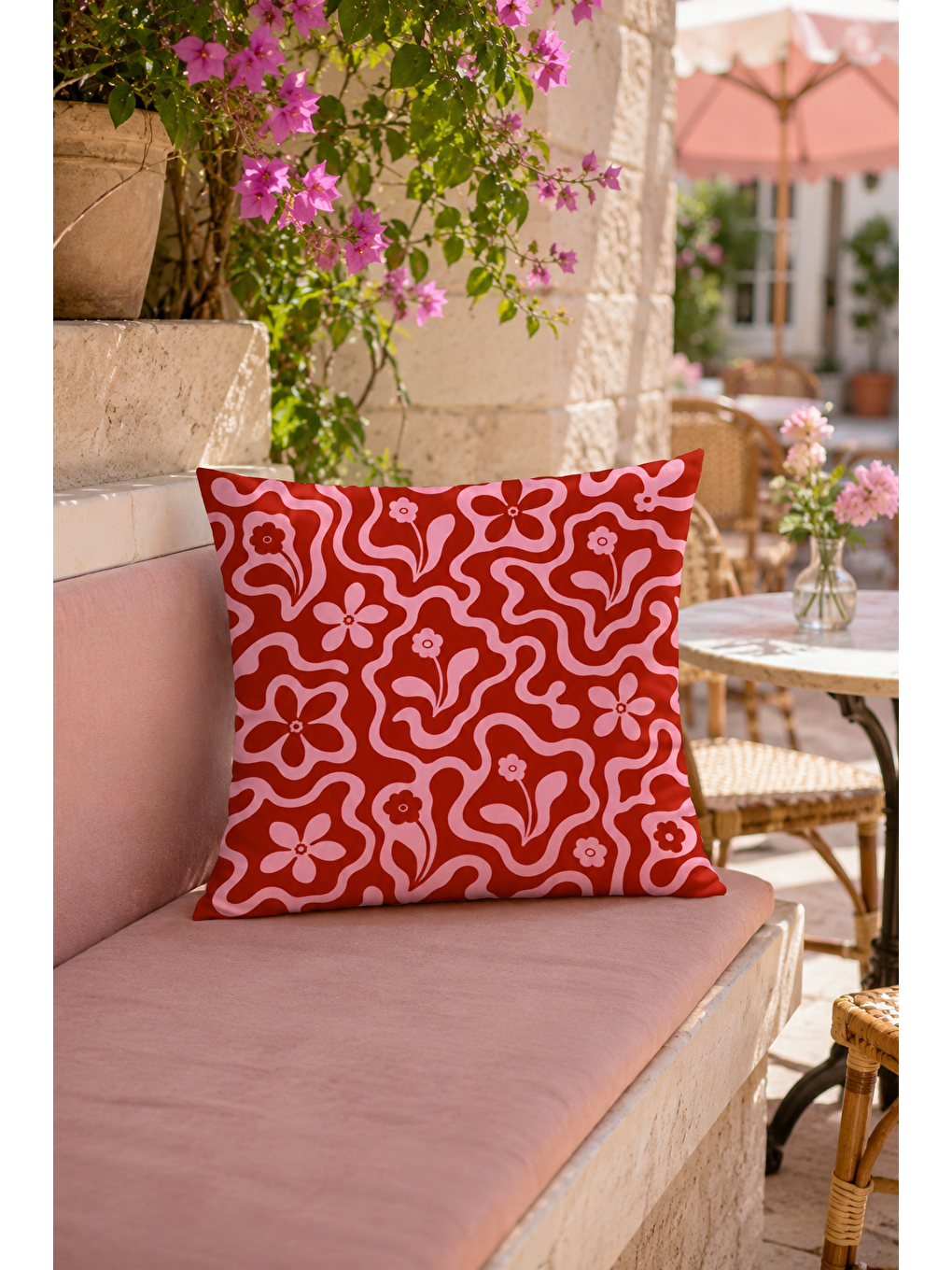Kırmızı Pembe Retro Çiçek Desenli Dekoratif Kırlent Kılıfı Bohem Salon Dekor 43x43 Cm