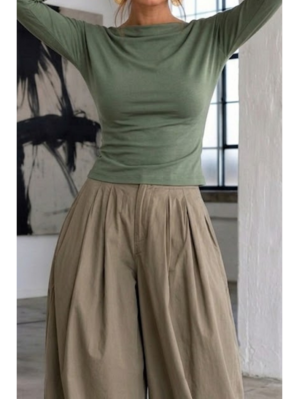 Kadın Gabardin Pamuklu Casual Haki Bluz-1