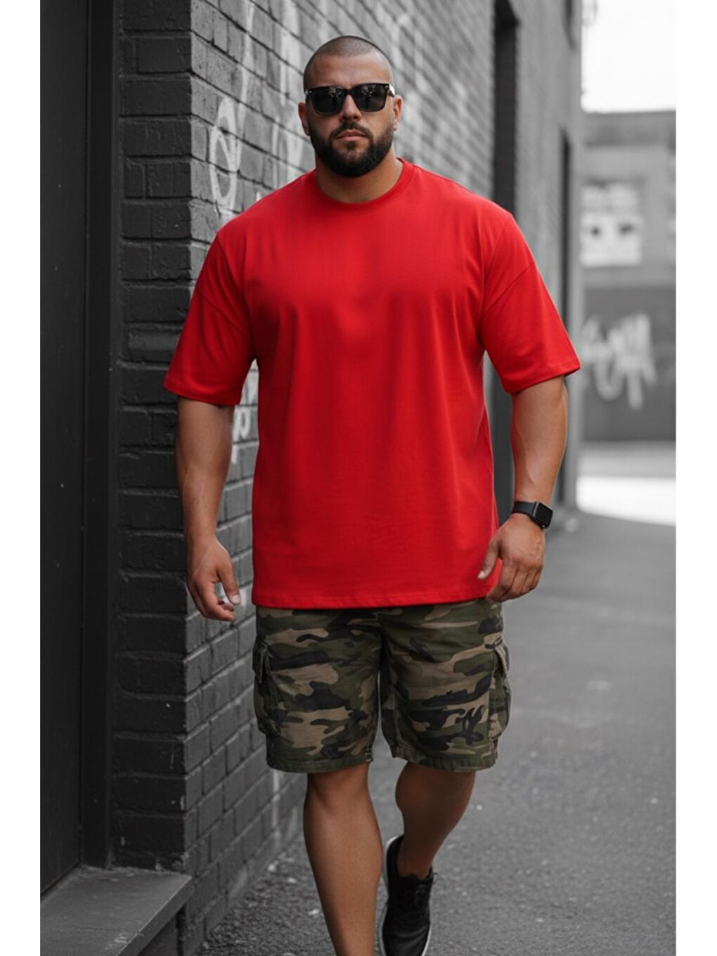 Kırmızı Kapty Erkek Büyük Beden Battal Basic Bisiklet Yaka Pamuklu T-Shirt Rahat Kesim Unisex Sevgili Kombin-1