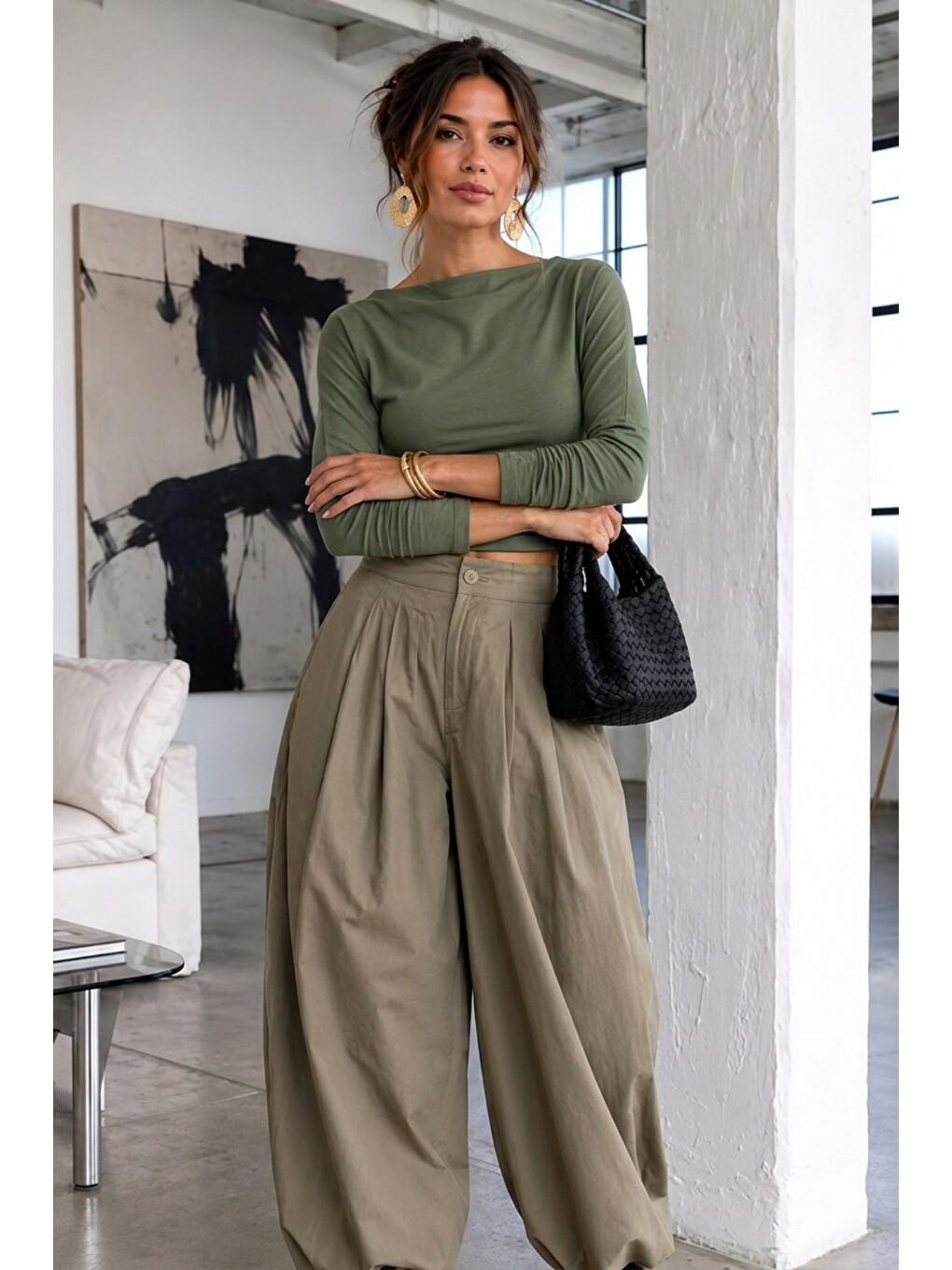 Kadın Gabardin Pamuklu Casual Haki Bluz-2