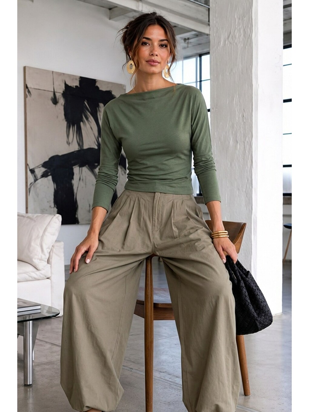 Kadın Gabardin Pamuklu Casual Haki Bluz-3