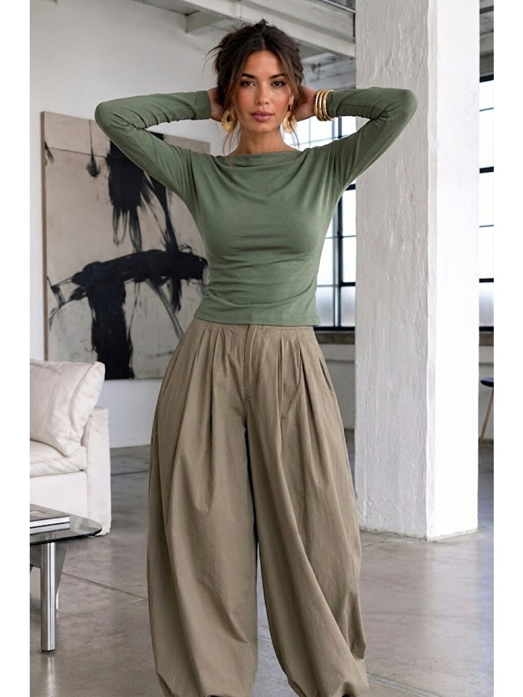 Kadın Gabardin Pamuklu Casual Haki Bluz-4