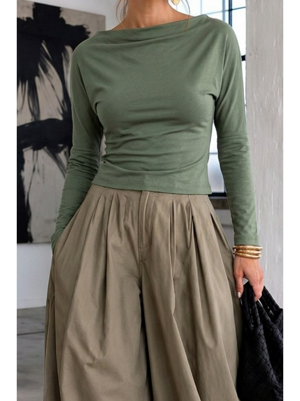 Kadın Gabardin Pamuklu Casual Haki Bluz-5