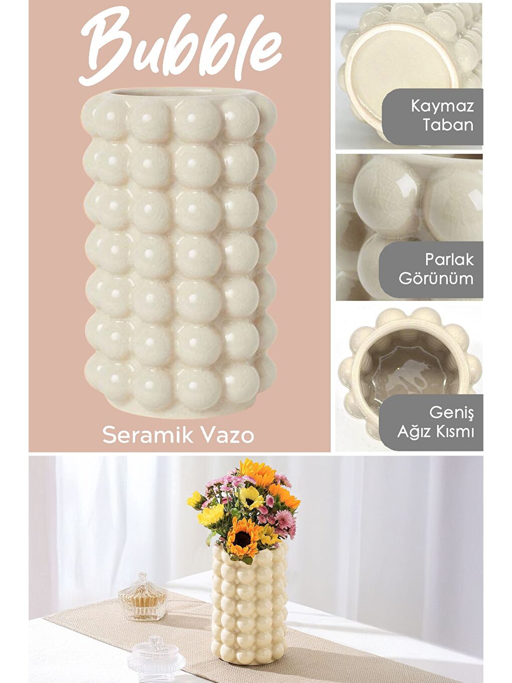 Ekru Seramik Bubble Vazo-2