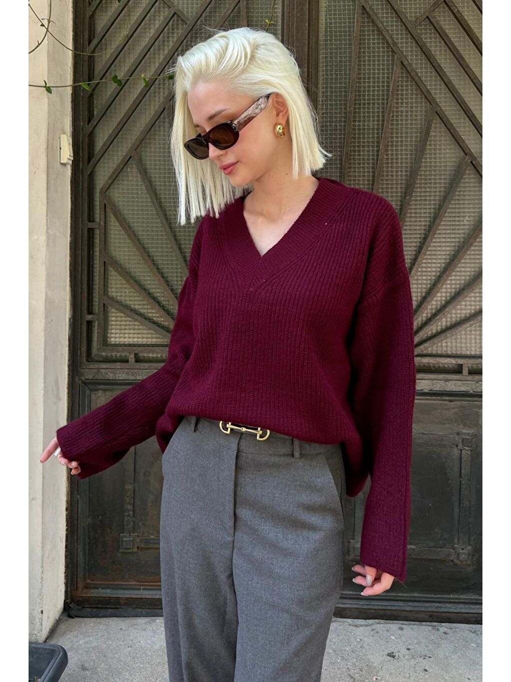 Bordo V Yaka Triko Kadın Kazak Mg2501