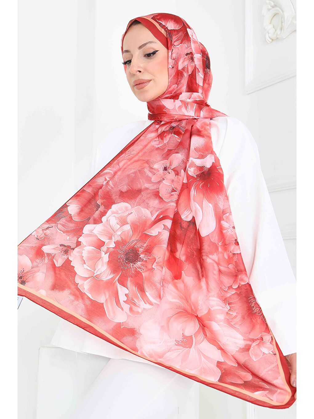 Floral Whisper Serisi Pamuk Şal Mercan - 27853-MERCAN-1