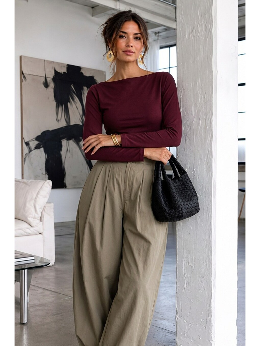 Kadın Gabardin Pamuklu Casual Bordo Bluz-1