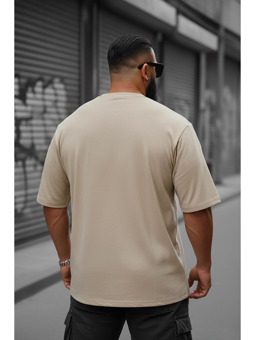 Bej Kapty Erkek Büyük Beden Battal Basic Bisiklet Yaka Pamuklu T-Shirt Rahat Kesim Unisex Sevgili Kombin-2