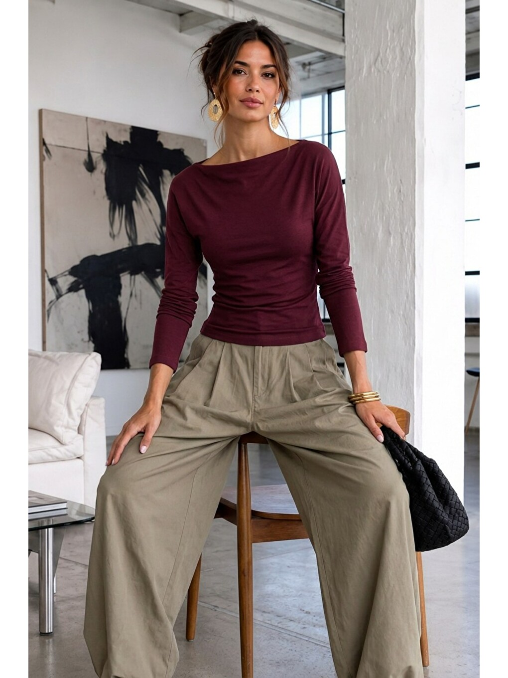 Kadın Gabardin Pamuklu Casual Bordo Bluz-2